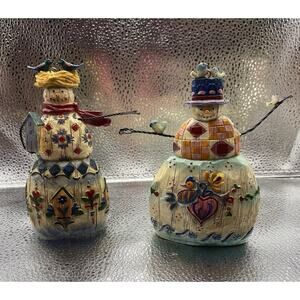 JIM SHORE Snowmen 2003 Set Of 2 Heartwood Creek 5.5” Bird House Nest Blue Birds